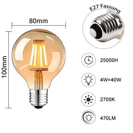 HISAYSY Edison Vintage Glhbirne, Edison LED Lampe Warmwei? E27 4W 2700K Retro Glhbirne Vintage Antike Glhbirne 470 Lumen Ideal fr Nostalgie und Retro Beleuchtung im Familie Hotel Bar usw - 6 Stck