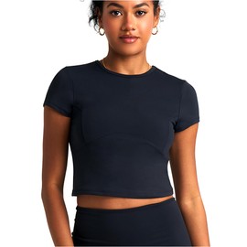 POPSUGAR Short Sleeve Athletic Tops for Women, Fitted Feminine Seamed Workout Shirts Breathable Gym Running Yoga Tshirts Black Night, Medium