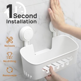 LEVERLOC Shower Caddy Suction Cup, Shower Organizer Removable Bathroom Shelf, Storage Suction Powerful Max Hold 22lbs Bathroom Caddy Waterproof Holder, White