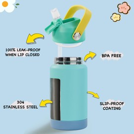 Fijinhom Kids Water Bottle, 360ml/12oz, Stainless Steel Insulated Water Bottle with Straw, Vacuum Leakproof, Kids Water Bottles for School Boys Girls, BPA Free,Twilight Green