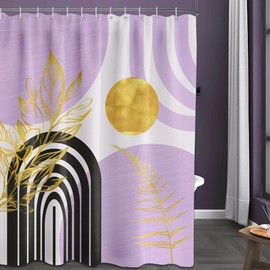 QGHOT Boho Mid Century Modern Shower Curtain Black and Purple Shower Curtains for Bathroom Decor Lavender Light Purple and Gold Leaves Bath Curtain Set, Waterproof Fabric with Hooks, 70" W x 96" L