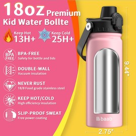 baab 18oz Kids Water Bottle, Insulated Kids Water Bottle with Lockable Spout Lid & Stickers, 18/8 Stainless Steel Vacuum Leakproof Kid Water Cup with Handle for Sports Travel & School (Pink, 1 Pack)