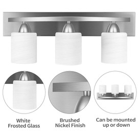 3-Light Bathroom Vanity Light Fixture, 5 Piece All-in-One Bath Sets, Bar, Towel Ring, Robe Hook, Toilet Paper Holder, Brushed Nickel with White Frosted Glass Vanity Light by PARTPHONER