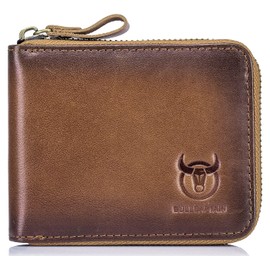 BULLCAPTAIN Men Genuine Leather Zipper Wallet RFID Blocking Bifold Wallets ID Window Credit Card Case (Brown Y)