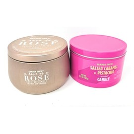 Trader Joe's Rose is a Rose and Salted Caramel and Pistachio Scented Candle Duo, Natural Soy Wax, Beeswax Blend, Lead-Free Cotton Wick, Pink Set