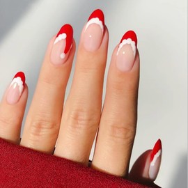 Christmas Press on Nails Almond Shaped Glossy Full Cover Acrylic Medium Length Almond Red French False Nails with Xmas Hats Designs Artificial Fake Nails with Glue ons Fingernails for Women Girls
