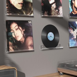 AITEE Vinyl Record Shelf Wall Mount: 6 Pack Acrylic Clear Floating Vnyl Shelves for Album LP Storage & Display, Easy Install Vinyl Record Wall for Home Office