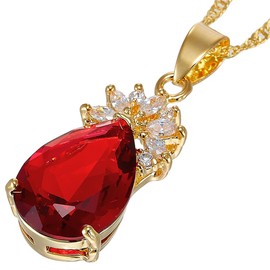 RIZILIA Pendant with 18" Chain & Pear Cut CZ [Simulated Red Ruby] in Yellow Gold Plated, Simple Modern Elegant