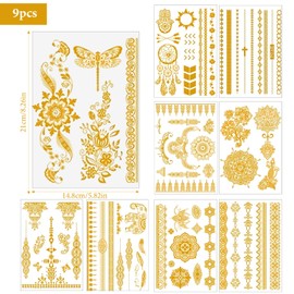 Dtoterul 9 Blatt Glitzer Gold Temporäre Tattoos, Gold Flash Festival Tattoos zum Aufkleben, Metallic Haut Klebetattoos für Erwachsene Damen Frauen Mädchen Festival Party Accessoire