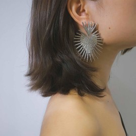 Dervivea Exaggerated Sunbrust Dangle Earrings Metal Silver Statement Earrings Large Celestial Drop Earrings Punk Geometric Earrings Jewelry for Women and Girls