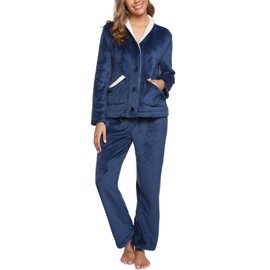 iClosam Womens Pyjamas Set Fleece Pyjamas Soft Warm Nightwear 2 Piece Fluffy Pjs Sets Long Sleeve Button Tops and Pants Sleepwear with Pockets Blue