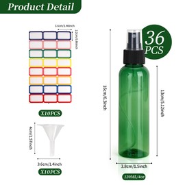 YEUIKERR 36 Pack Fine Mist Small Spray Bottles 4 oz/120 ml Plastic Spray Bottles, Empty Small Travel Spray Bottle, Refillable Mini Sprayer Bottle Bulk with Funnels and Labels, Green