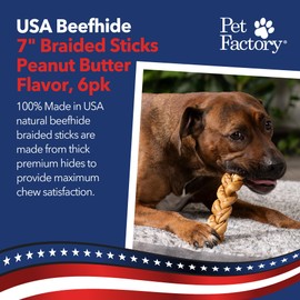 Pet Factory 7in Braided Beefhide Dog Chew Sticks with Peanut Butter Flavor - 100% USA Made Rawhide Chews for Medium Dogs, Long Lasting Dental Health, 7 inches (Pack of 6)