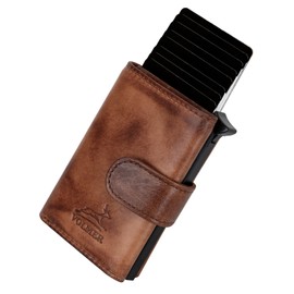 Fa.Volmer ® Pop-up card case made of genuine leather with/without coin compartment for men and women, max. 11 cards, RFID protection, wallet VO24/31, Zip Brown, Contemporary