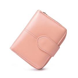 Vllcsla Wallet for Women Small Size, Cute Leather Wallet, Small Brown Leather Purses for Women, Ladies Short Purse Zipper Around Clutch, Purse with Photo Window & Zip Coin, Pink
