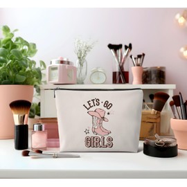 Dejfel Pink Preppy Retro Western Cowgirl Hat Boot Trendy Makeup Bag,Country Girl Gift Cowgirl Leather Travel Makeup Pouch for Cowgirls Girls Women,Cowgirl Gifts for Girls,Small Makeup Bag