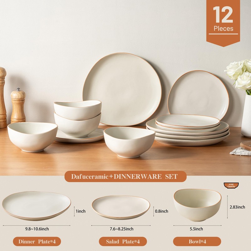 Dafuceramic Stoneware Dinnerware Set for 4, 12 Piece Plates and