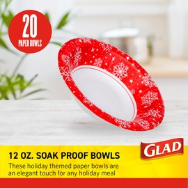 Glad Everyday Disposable Paper Bowls, Red Snowflake Holiday Design - Heavy Duty Soak-Proof Microwavable Paper Bowls - For Soups, Cereals, and Hot Foods, 12 Ounce, 20 Count