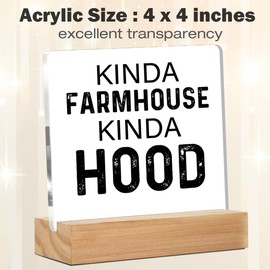 Home Desk Sign Kinda Farmhouse Kinda Hood Clear Desk Decorative Sign Rustic Home Acrylic Plaque with Wooden Stand Decor for Living Room Kitchen Bedroom