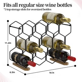 Buruis Countertop Wine Rack with Wood Base, 14 Bottle Tabletop Wine Holder for Various Wine Bottles, Durable and Sturdy Freestanding Modern Wine Holder for Home Decor, Bar, Cabinet,Pantry (Black)