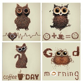 DCIDBEI 30 x 30 cm 4 Pieces Diamond Painting Coffee Animals, 5D Round Diamond Painting Owl, Puzzle Diamond Cat Children, Craft Diamond Art Adults, Wall Decoration Living Room