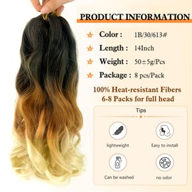 Three Tones French Curl Braiding Hair 14 Inch 8 Packs Loose Wavy Spanish Curly Braids Hair 1B/27/613 Color Pre Stretched Bouncy Braiding Hair with Curly Ends(8Packs,1B/27/613)