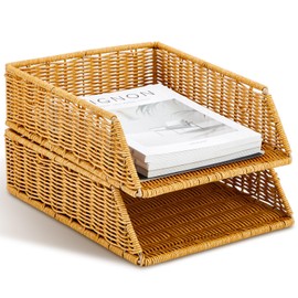 Yeaqee 2 Pcs A4 File Tray Letter Tray Stackable Paper Organizer Desktop Letter Size Imitation Rattan Desk Organizer Paper Holder Organization Rack for Mail File Letter Document