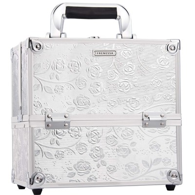 Frenessa Professional Makeup Train Case 4-Tier Trays Aluminum Jewelry Storage Organizer Lockable Carrying with Handle Travel Makeup Storage Box Gift for Woman Silver Rose