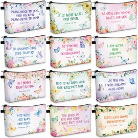 Chunful 12 Pcs Inspirational Christian Gifts Religious Makeup Bags Bulk for Women Bible Verse Flower Cosmetic Bag Mother's Day Gift for Church Ladies Student Office, 7.48 x 4.72 Inch(Classic)