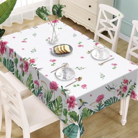 Livcoz Spring Geranium Flower Rectangle Tablecloth 52 x 70 Inch, Tropical Plant Palm Leaves Monstera Decorative Table Cloth Dining Table Cover, Hummingbird Hawaii Dinner Party Picnic Decoration