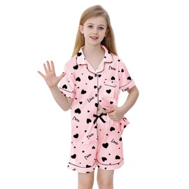 QZH.DUAO Short Sleeve Silky Pajamas Set for Women, 2 Pcs Satin Sleepwear Button Down Nightwear Soft Pjs Set, Pink Heart, Small