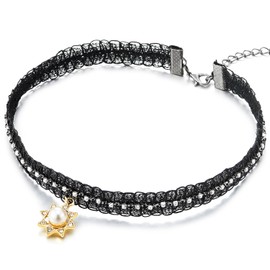 Womens Black Rhinestones and Pearls Choker Necklace with Charm Pendant Of Star and White Pearl, Rhinestones Metal, No Gemstone