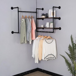 EDCB Industrial Pipe Wall-Mounted Clothing Rack with 2 Wood Shelves - Heavy Duty Double Rod Metal Garment Organizer for Bedroom/Retail Stores, Black (30H×12.5D×59W inch)