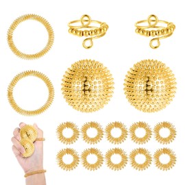 Pack of 16 Anti-Stress Toy Skills Set, 10 Acupressure Ring, 2 Massage Rings for Fingers, 2 Acupressure Bracelets, 2 Stress Toys for Stress Relief Adults and Massage (Gold)