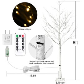 6FT Lighted Birch Tree with 160 LEDs Warm White Lights, 8 Functions Remote Faux Tree with Lights for Indoor Outdoor Summer Christmas Holiday Party Decoration