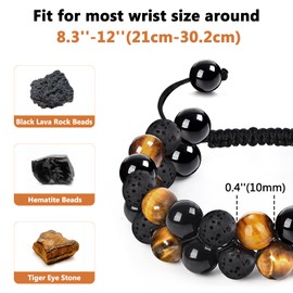 BUFOR Tiger Eye Bracelet Men, Tiger Eye Stone Hematite and Black Obsidian Natural Crystal Stone Beads 8mm Bracelets for Men Women (8mm Black Lava Rock)