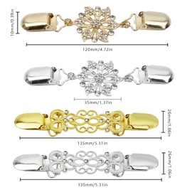 XIAQICA Pack of 4 Sweater Clip Hollow Pattern Scarf Clip Diamond Cardigan Clips Clothes Clips for Clothing Retro Cardigan Collar Shirt Brooch Clips Brooch Accessories Women (Gold, Silver), Metal