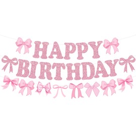 RICHHHA Glitter Pink Bow Happy Birthday Banner Pre-Strung Coquette Birthday Decorations Bow Theme Party Backdrop Sign Garland Pink Bow Party Supplies Decorations for Women Girls,NO-DIY