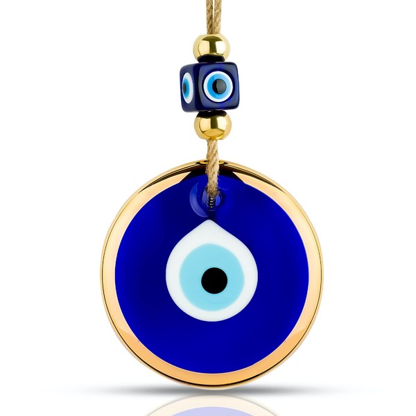 BCS Blue Evil Eye Wall Decor Gold Border Design 4.3" Glass Evil Eye Hanging Ornament for Home, Office, Garden, Door Turkish Greek Handmade Nazar Amulet Good Luck and Protection Charm - Ojo Turco