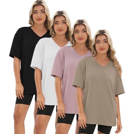 Kinglaman 4 Pack Oversized TShirts for Women, Short Sleeve Drop shoulders Plus Size Baggy Dry Fit T Shirts Tops Tees for Casual or Athletic 1 Black 1 White 1 Dark Pink 1 Khaki Medium