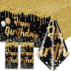 SINGOMON 2PCS Black and Gold Birthday Table Cloths Rectangular Tablecloths Plastic Table Cover Black Table Cloths Rectangle for Black and Gold Birthday Decorations