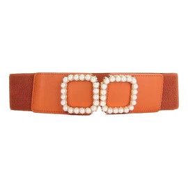 COTIM COYIN Women's Wide Elastic Waist Belt with Pearl Square Buckle, Camel