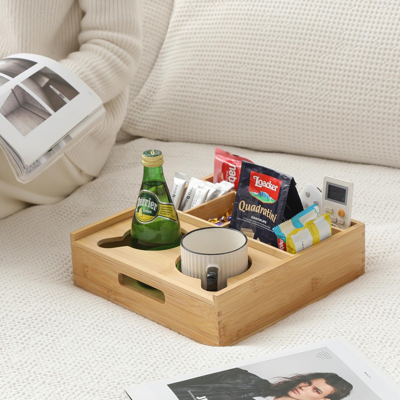 ROCDEER Couch Caddy,Bamboo Couch Cup Holder Tray with 6 Compartments,