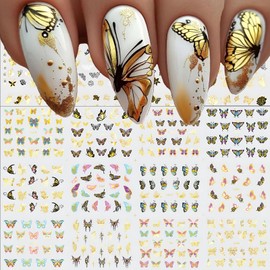 48 Sheets Butterfly Nail Art Stickers, Spring Summer Hot Stamping Gold Silver Butterfly 3D Self-Adhesive Color Nail Art Decals, DIY Manicure Decoration Supplies Accessories for Women Girls