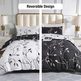 Lekesky Reversible Duvet Cover Queen Size, White Black Tree Branch Pattern Comforter Cover Queen 3pc Super Soft Microfiber Breathable Botanical Bedding Sets with Zipper Ties