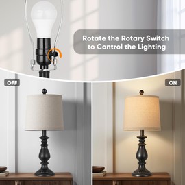 QiMH Farmhouse Table Lamp Set of 2, Rustic Table Lamps for Living Room, Vintage Nightstand Lamp with Rotary Switch, Beside Lamps for Bedroom, Traditional Table Lamps with Linen Shade, Matte Black