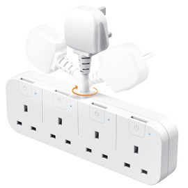 Multi Plug Extension Socket 4 Way with Flexible Plug, 4 Gang Plug Adapter UK with Individual Switches, Short Small Extension Adaptor for Home, Kitchen. White