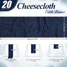 20 Pack 10Ft Cheesecloth Table Runner 20 X 120 Inch Boho Romantic Gauze Cheese Cloth Long Table Runner for Wedding Party Bridal Shower Thanksgiving Christmas Decoration (Navy Blue)