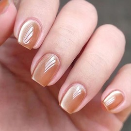 Enppode Short Press on Nails Square Fake Nails Glossy Stick on Nails Full Cover Nails for Women 24 PCS/Set (Orange, Short)