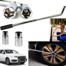 Telescopic Wheel Brace Wrench Travel Emergency Breakdown Multifitment Wrench with 2 Double Ended Sockets(17mm-19mm, 21mm-23mm) Extending Wheel Nut Wrench Extendable 35-55cm for Car Van Truck Caravan